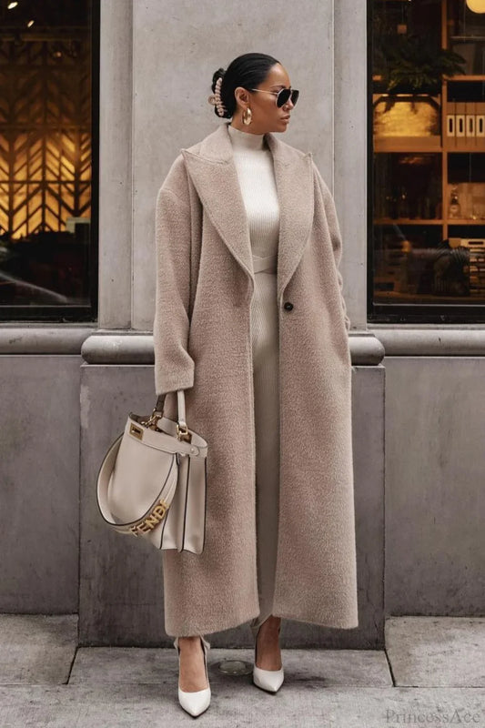 Solid Elegant Minimalist Warm Notched Collar Teddy Overcoat