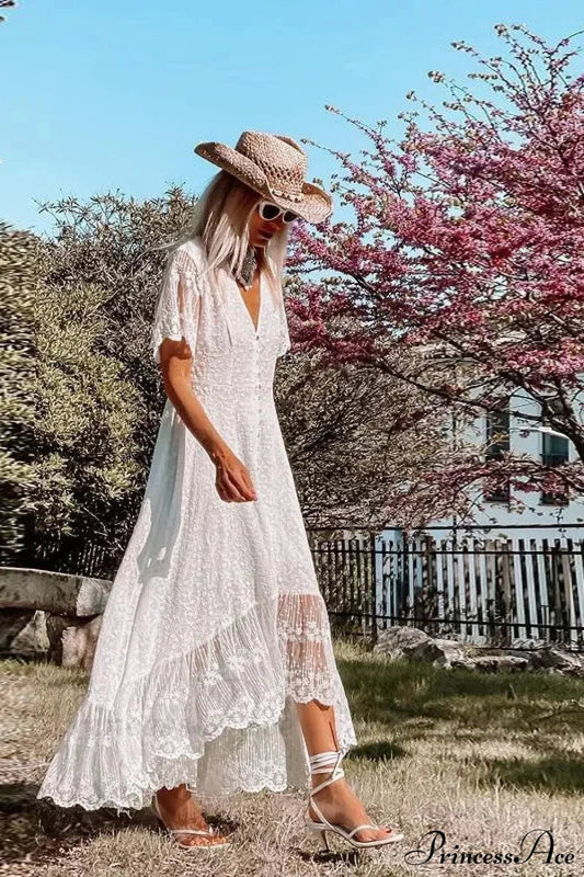 Solid Floral Short Sleeve Boho Dress
