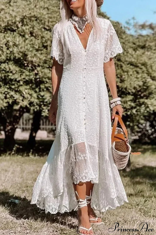 Solid Floral Short Sleeve Boho Dress