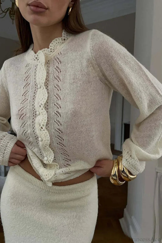 Solid Lace Cutout Knit Crew Neck Cardigan