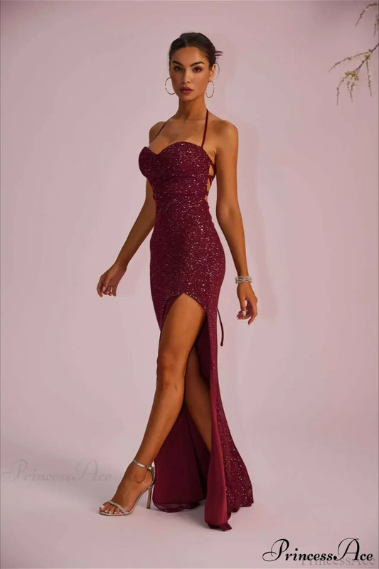Solid Plunging Backless Slit Fitted Maxi Party Dress