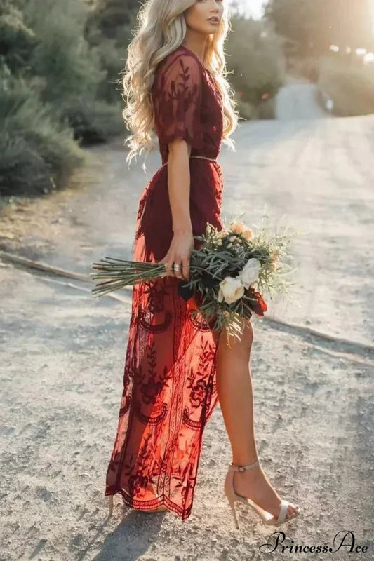 Solid Short Sleeve Lace V-neck Loose Maxi Boho Dress