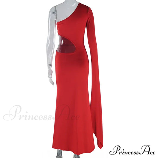 Solid Trend Incline Shoulder Hollow High Street Maxi Dress Sexy Elegant Christmas Party Dress