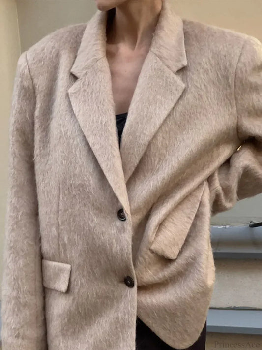 Solid Woolen Short Coat Khaki / S