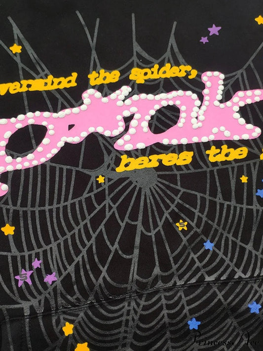 Spider Web Letter Print Fleece Cotton Thick Hoodie