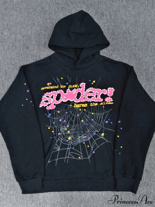 Spider Web Letter Print Fleece Cotton Thick Hoodie