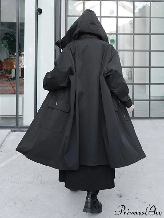 Spring Autumn Long Oversized Black Hood Dark Aesthetic Luxury Designer Stylish Coat