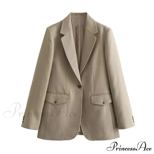 Spring Autumn One Button Bf Boyfriend Vintage Long Sleeve Khaki Blazer / S