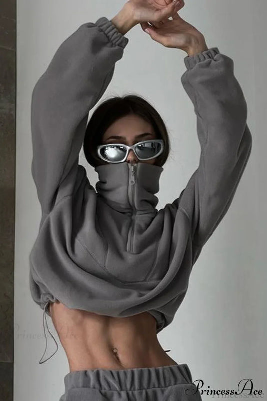 Stand Collar Polar Fleece Short Drawcord Sweatshirt