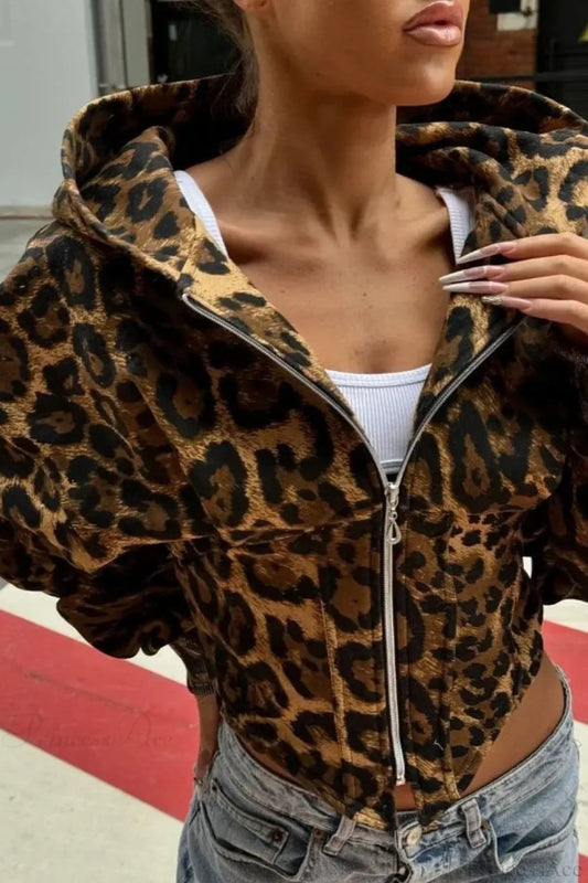 Street Style Leopard Print Hoodie Coat Brown / S