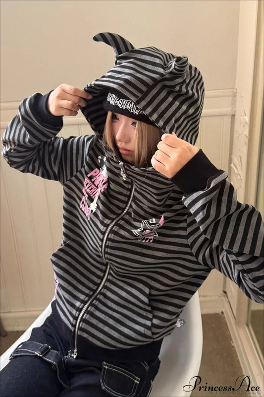 Striped Devil Horn Print Vintage Zip Hoodie