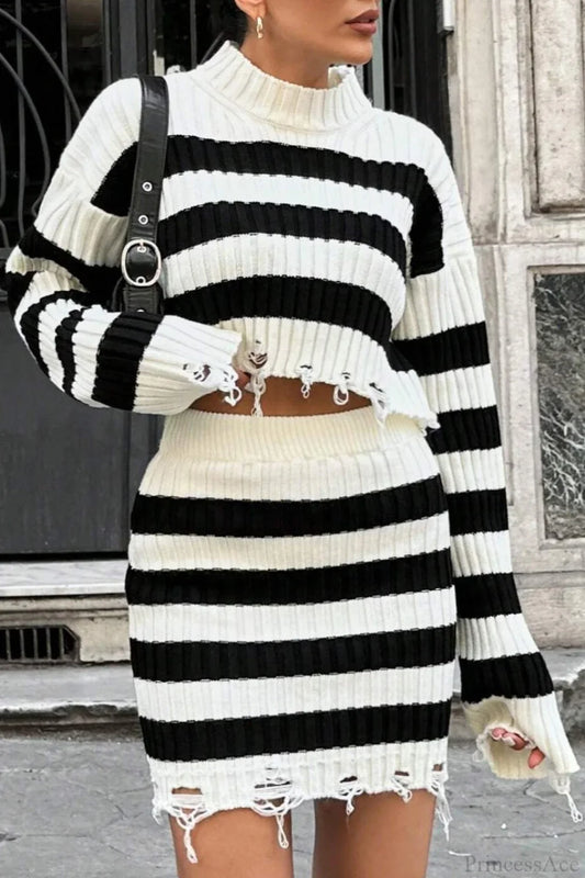 Striped Distressed Knit Cropped Sweater Skirt Two Piece Set