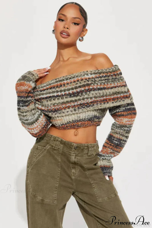 Striped Knit Fitted Off Shoulder Long Sleeve Crop Top