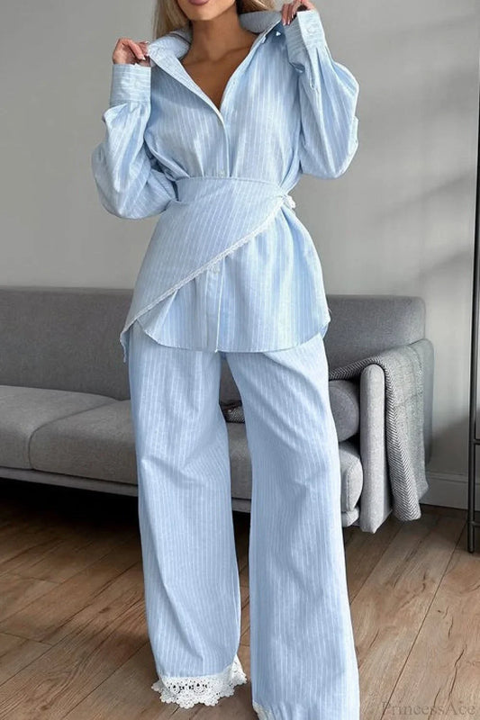 Striped Lace Casual Long Sleeve Pants Scarf Three Piece Set