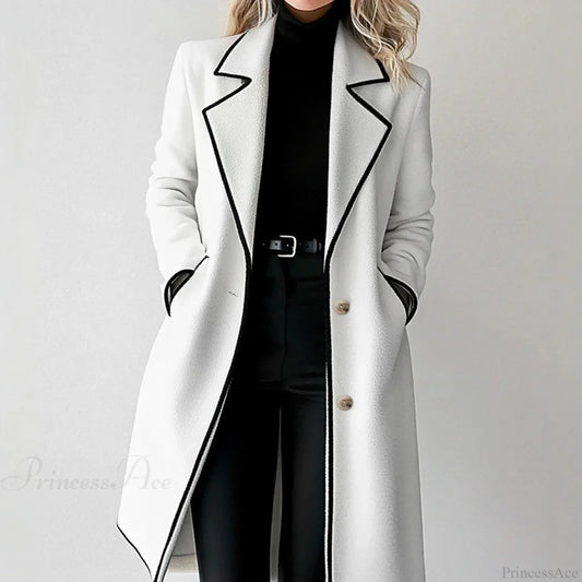 Striped Lapel Full Sleeve Woolen Overcoat White / S