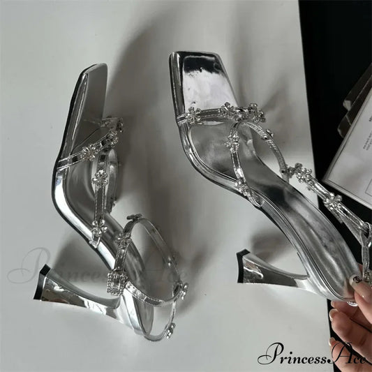 Summer Narrow Band Crystal Buckle Strap Sexy Square Toe Party Dress Low Heel Pump