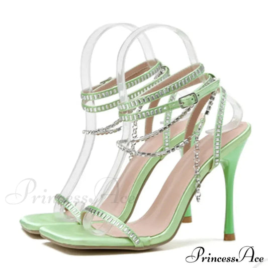 Summer Stiletto Sandals Square Toe Crystal Chain AnkleBuckle Strap Thin High Heel Club Party Wedding High Heel