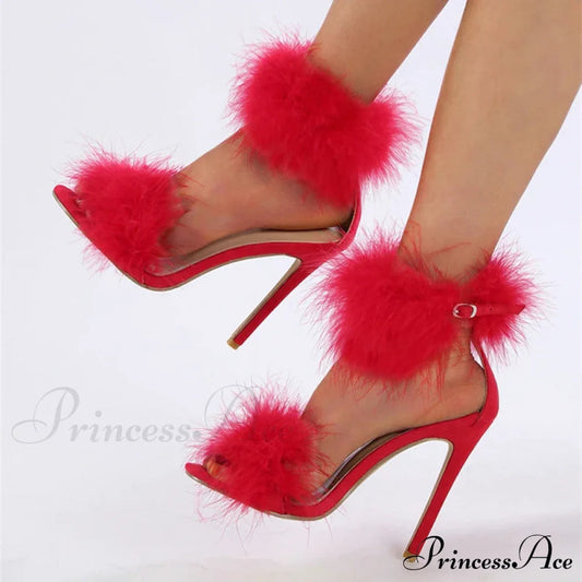Summer Fashion Faux Fur Ankle Strap Sandals - Women's Open Toe Fluffy Feather High Heels - Party Dress Shoes Sandalias De Mujer