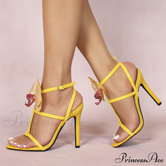 Summer Fashion Flowers Ankle Strap Gladiator Sandals Women Open Toe Yellow High Heels Party Dress Shoes Size 36-43