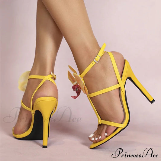 Summer Fashion Flowers Ankle Strap Gladiator Sandals Women Open Toe Yellow High Heels Party Dress Shoes Size 36-43