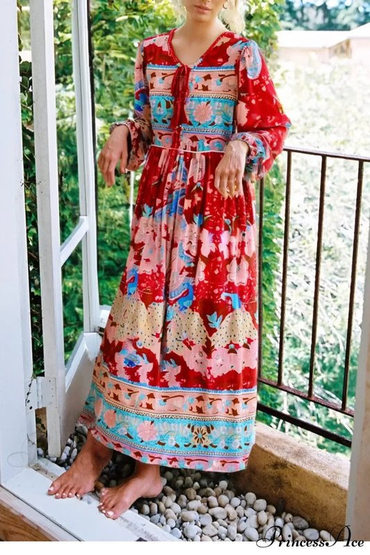 Tassel Red Floral Print Rayon Cotton Pleated Long Maxi Boho Sundress