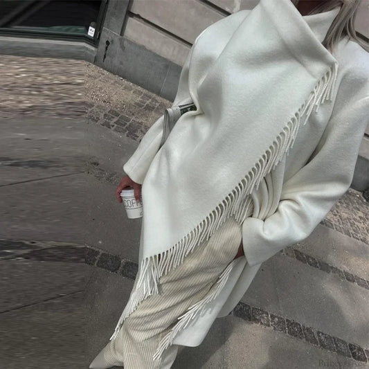 Tassel Turtleneck Irregular Button Overcoat White / S