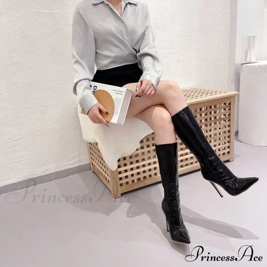 Pointed Toe 12cm High-heeled Long Boots for Women - Stone Pattern Knee-high Stiletto Modern Boot