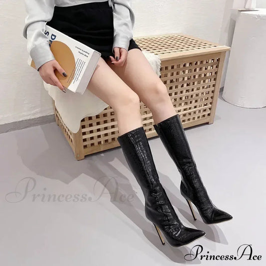 Temperament Pointed Toe 12CM High-heeled Long Boots Stone Pattern Knee-high Stiletto Modern Boot High Heel