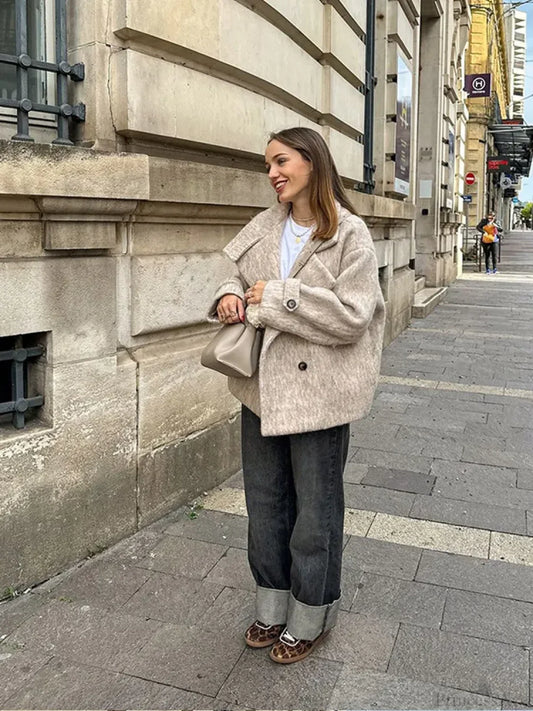 Thick Woolen Cropped Coat Beige / S