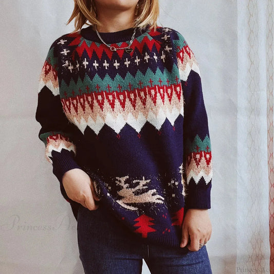 Thicken Raglan Sleeves Elk Christmas Tree Gold Pullover New Year Sweater Navy Blue / S Sweaters-L