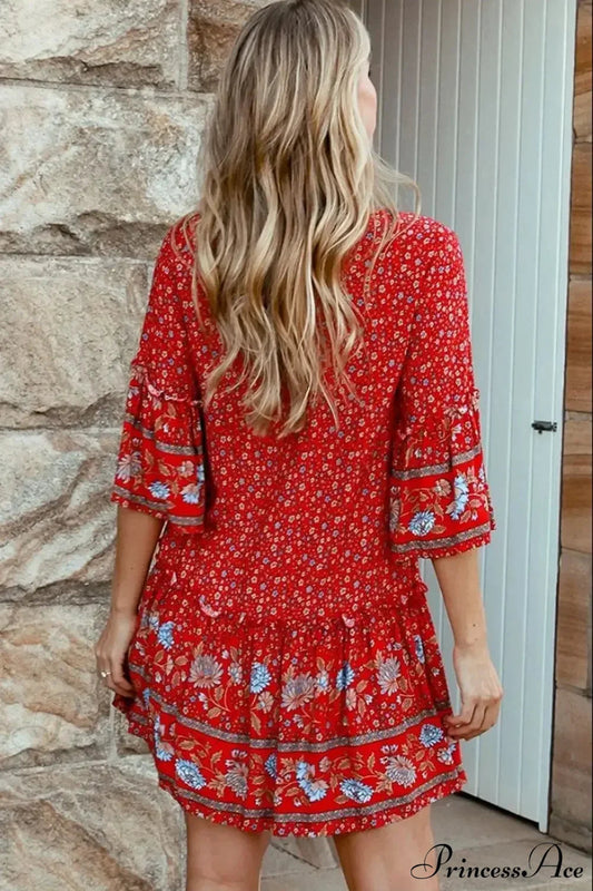Tie Neck Ruffles Floral Print Rayon Summer Mini Vacation Boho Dress