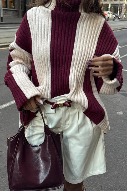 Turtleneck Ribbed Stripe Colorblock Sweater