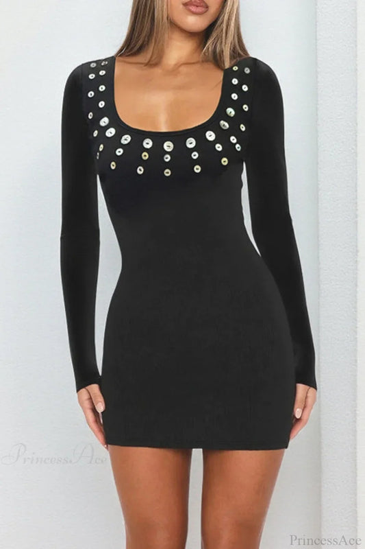 U Neck Long Sleeve Hot Fitted Mini Dress