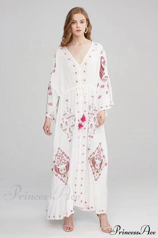 V Collar Embroidery Oversized Casual Cotton Boho Dress