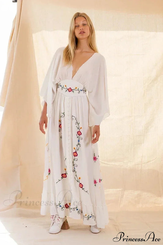 V-neck Embroidery Flower Retro National Boho Dress