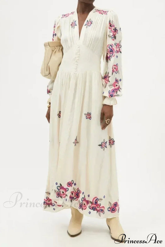 V-neck Floral A-line Lantern Sleeve Cotton Boho Dress