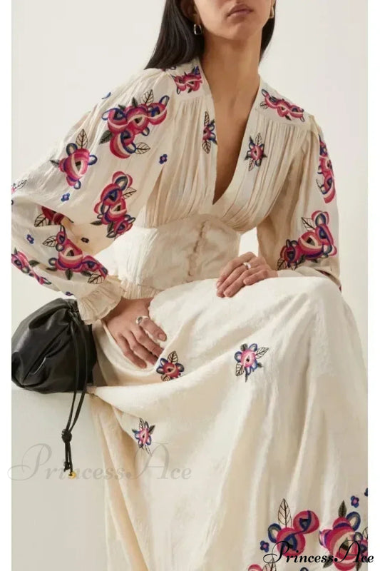 V-neck Floral A-line Lantern Sleeve Cotton Boho Dress