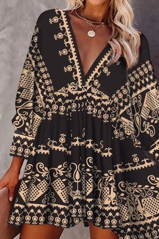 V-neck Loose Lantern Sleeve Boho Mini Dress