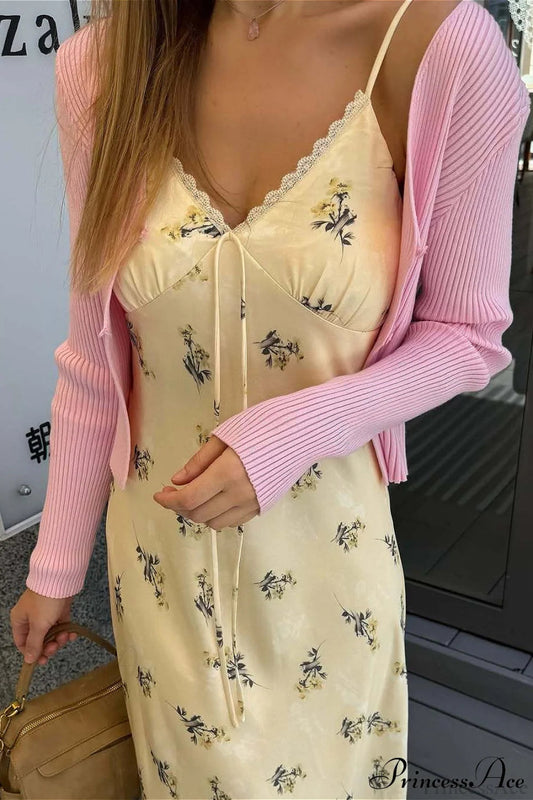 V Neck Satin Cami Ruched Tie Floral Dress