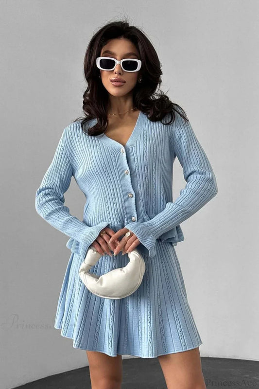 V-Neck Sparkle Ruffled Waist-Cinched Knit Chic Two Piece Set