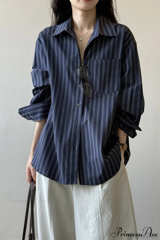 Vertical Stripe Long-Sleeve Cotton Loose Bloshope