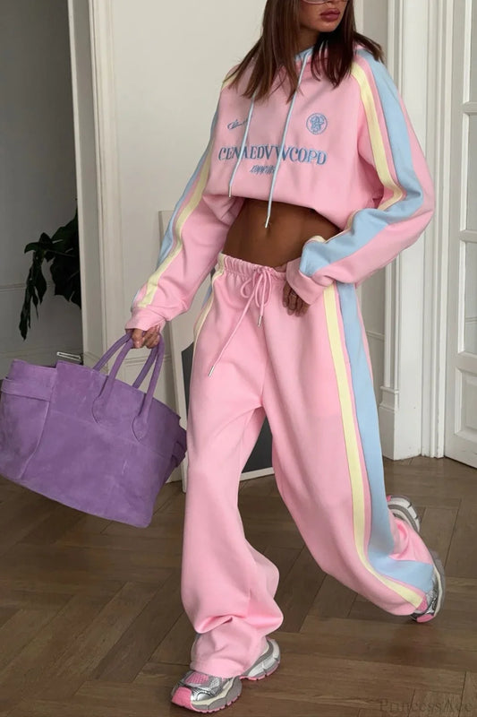 Vibrant Pink Pullover Hoodie Wide Leg Pants Two Piece Set