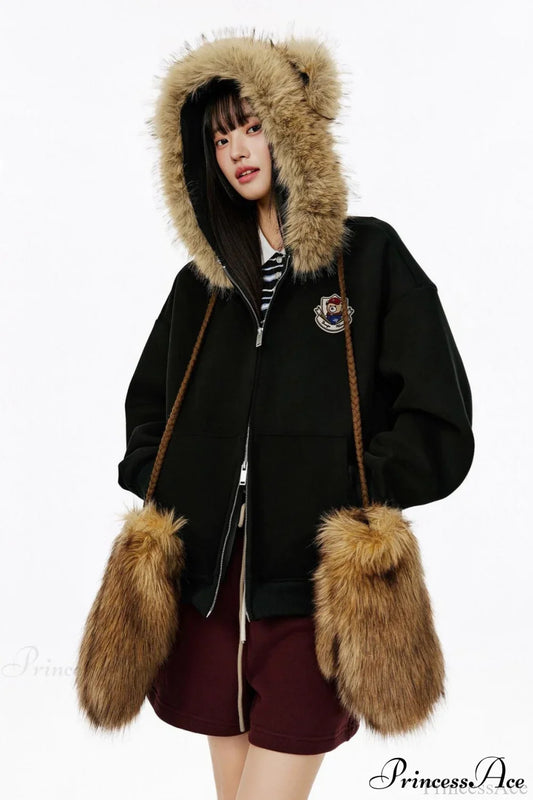 Vintage Bear Ear Fleece Collar Zip Hoodie