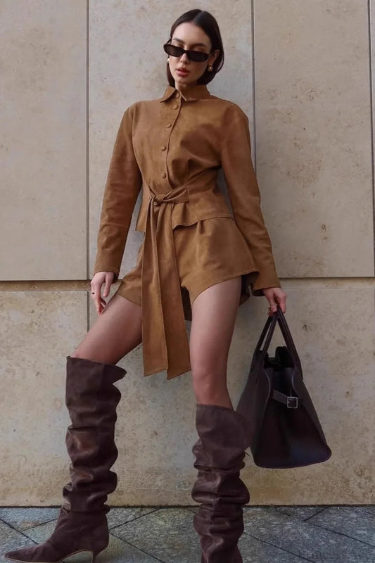 Vintage Brown Suede Tie Waist Cropped Two Piece Set