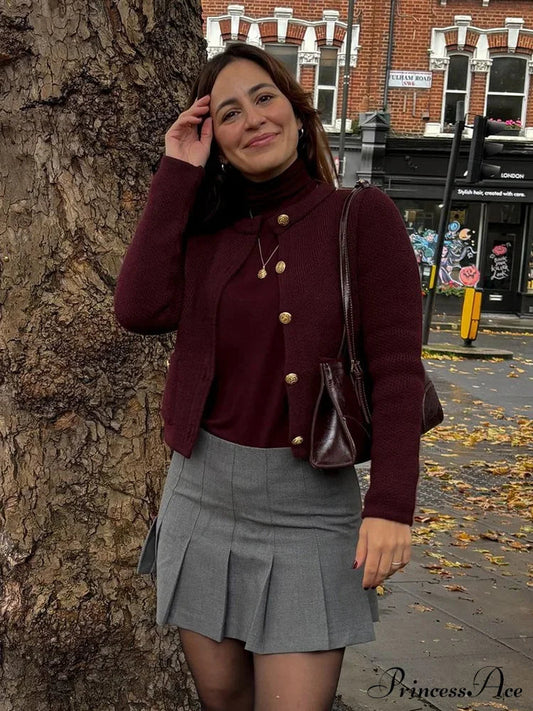 Vintage Burgundy Single-Breasted Cardigan