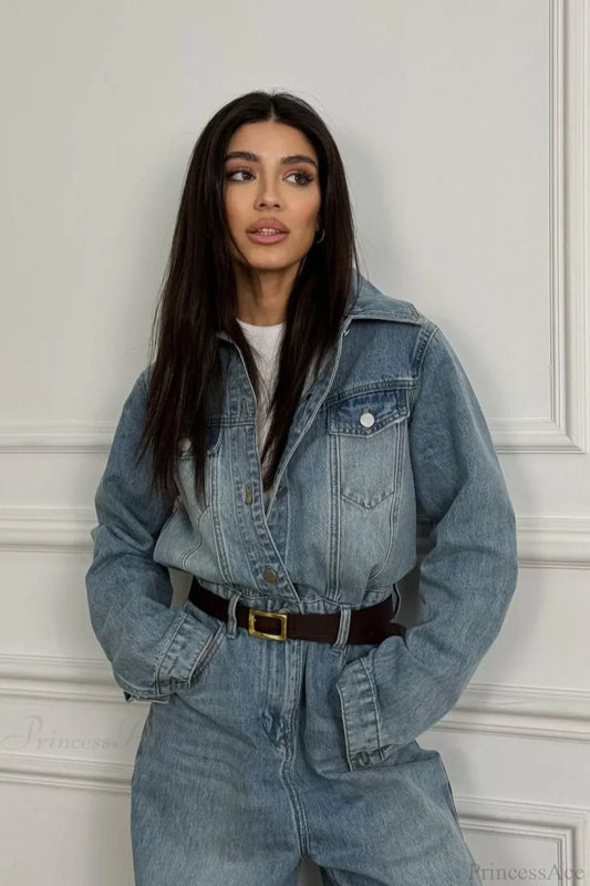 Vintage Vintage Denim Loose Long Pants Jumpsuit-style Two Piece Set