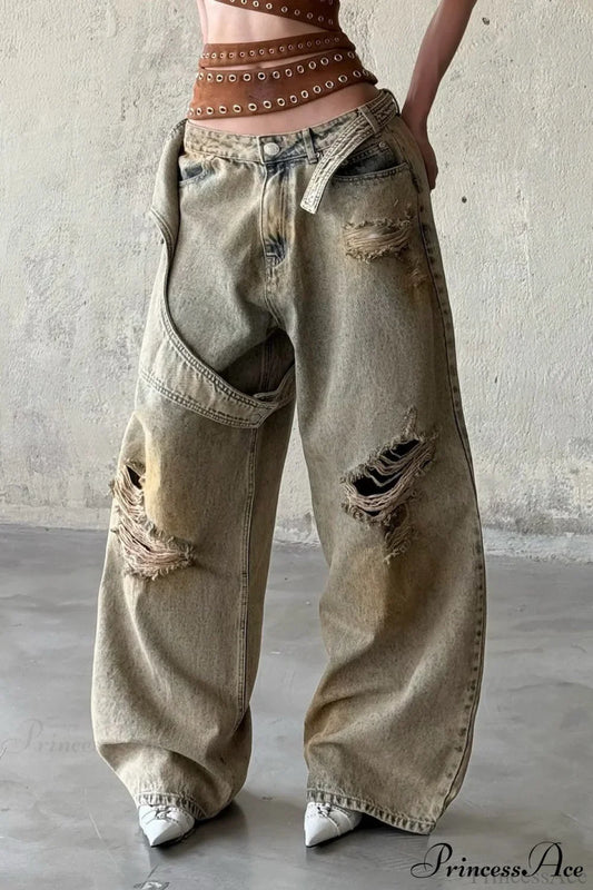 Vintage Distressed Loose Floor Length Jeans