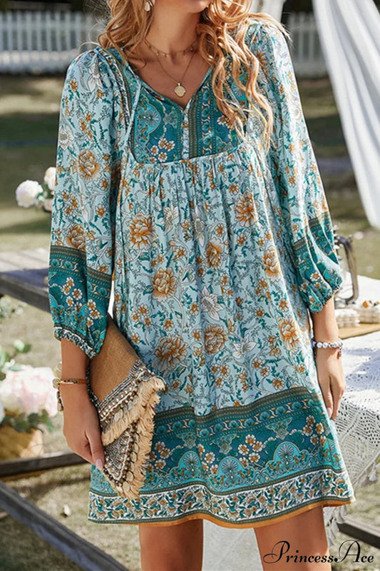 Vintage Floral Print Boho A-Line Dress