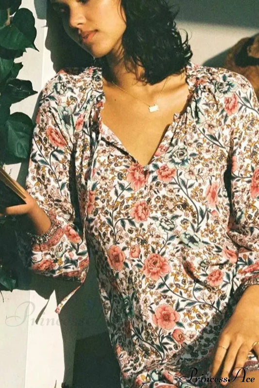 Vintage Floral Print Long Sleeve Ruffles Tassel Rayon Mini Boho Dress