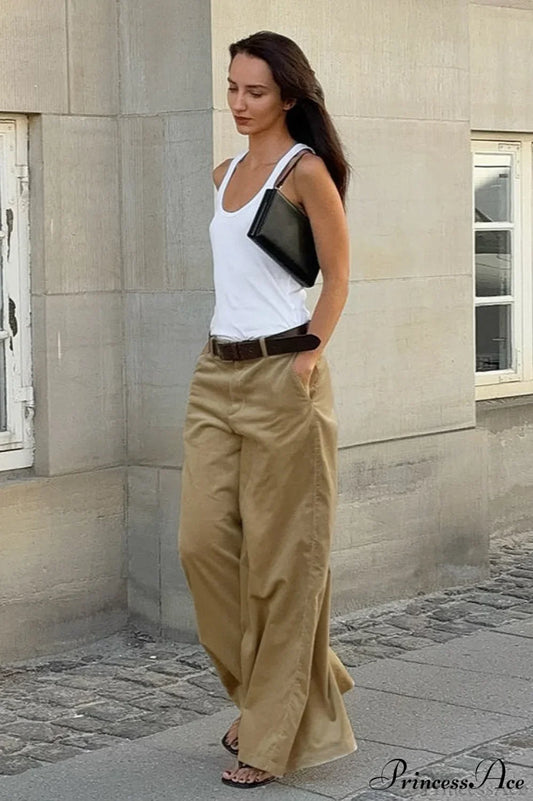 Vintage Khaki Corduroy Wide Leg Flared Pants